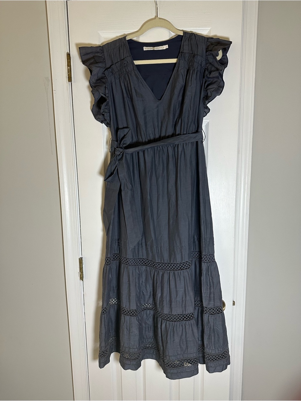 Marie Oliver Juliet Charcoal/Blue Ruffle-Sleeve Midi Dress